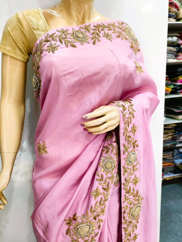 103001 Premium Designer Party Wear Pure Russian Silk Saree - Baby Pink