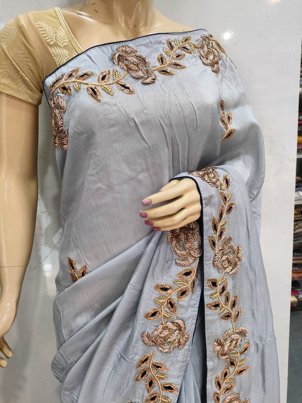 103005 Premium Designer Party Wear Pure Russian Silk Saree - Grey