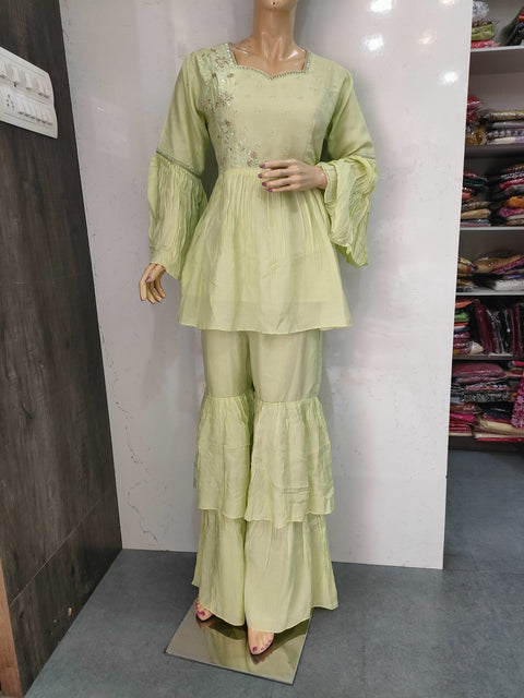 104006 Designer Pure Masleen Peplum Dress with Sharara