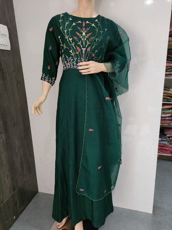 104004 Designer Dola Silk Long Kurti With Dupatta - Bottle Green