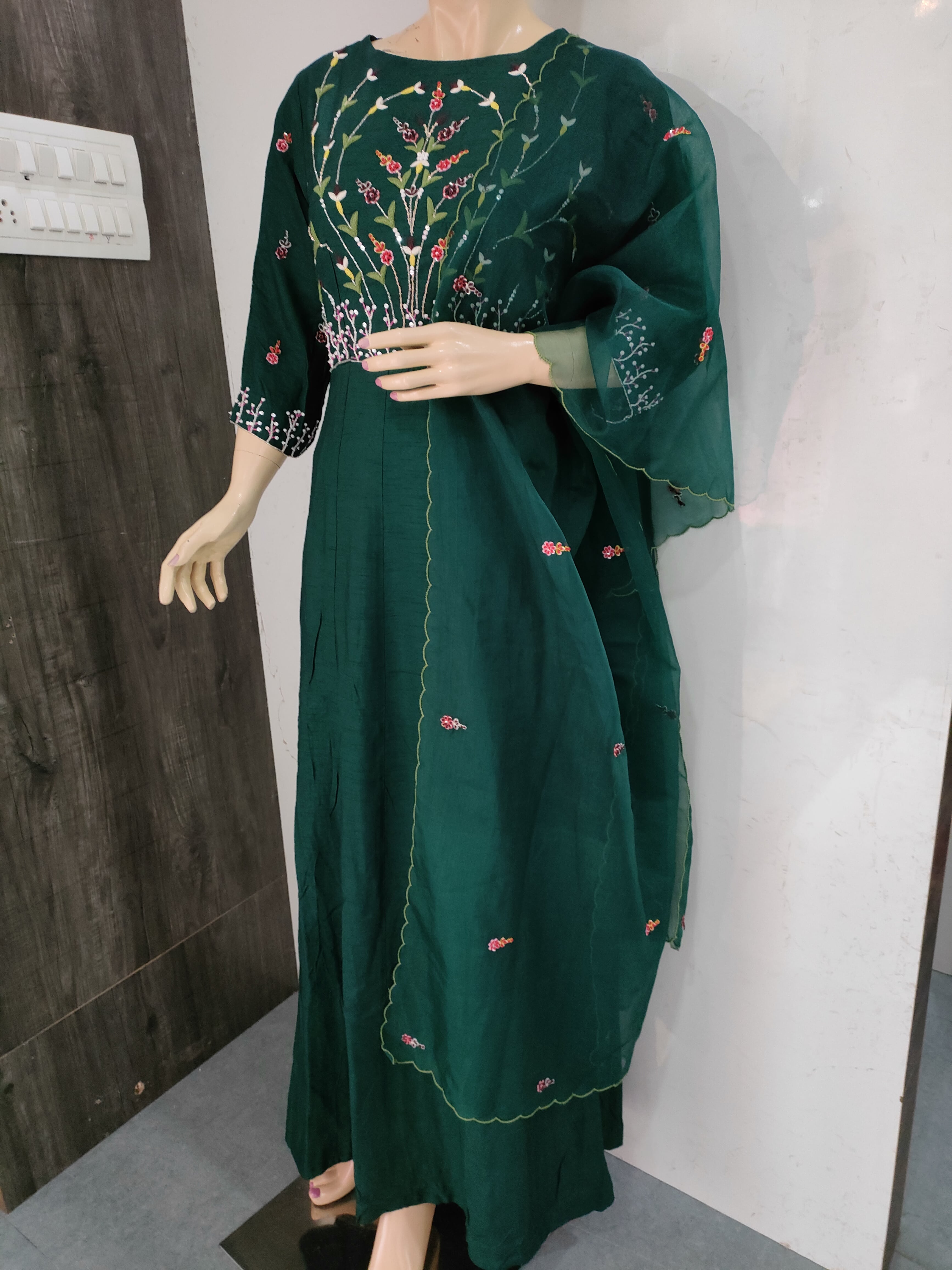 104004 Designer Dola Silk Long Kurti With Dupatta - Bottle Green