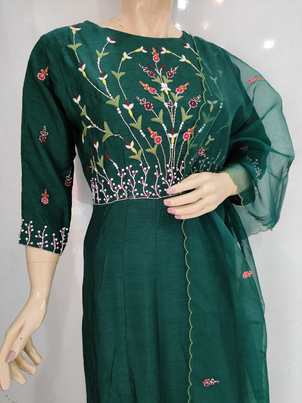 104004 Designer Dola Silk Long Kurti With Dupatta - Bottle Green