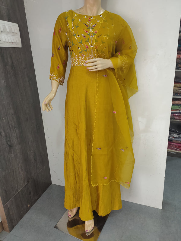 104004 Designer Dola Silk Long Kurti With Dupatta - Mustard