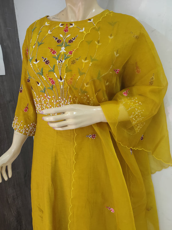 104004 Designer Dola Silk Long Kurti With Dupatta - Mustard