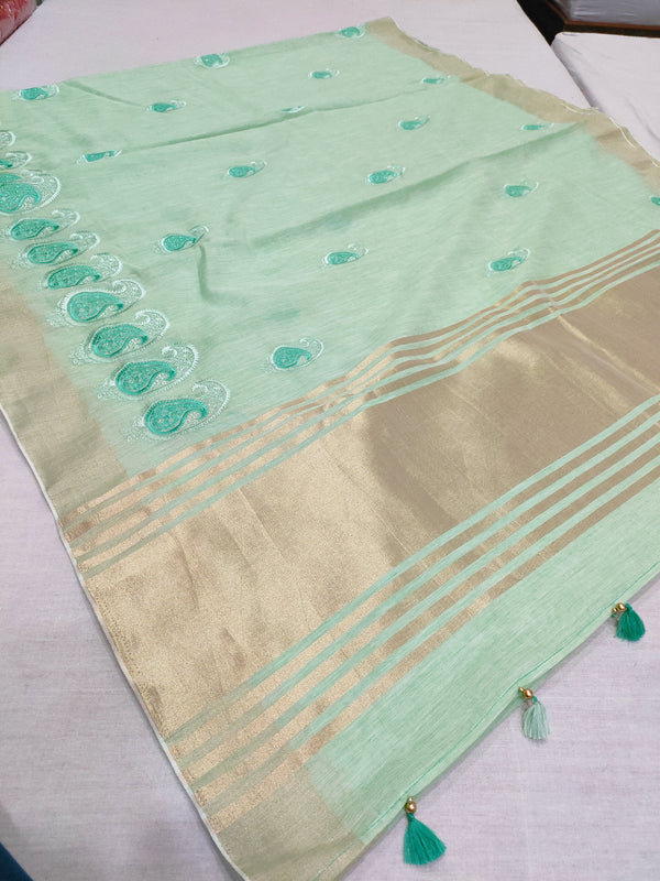 292007 Linen Saree With Embroidery - Green