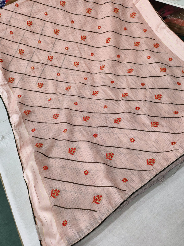 292001 Linen Saree With Embroidery - Pink