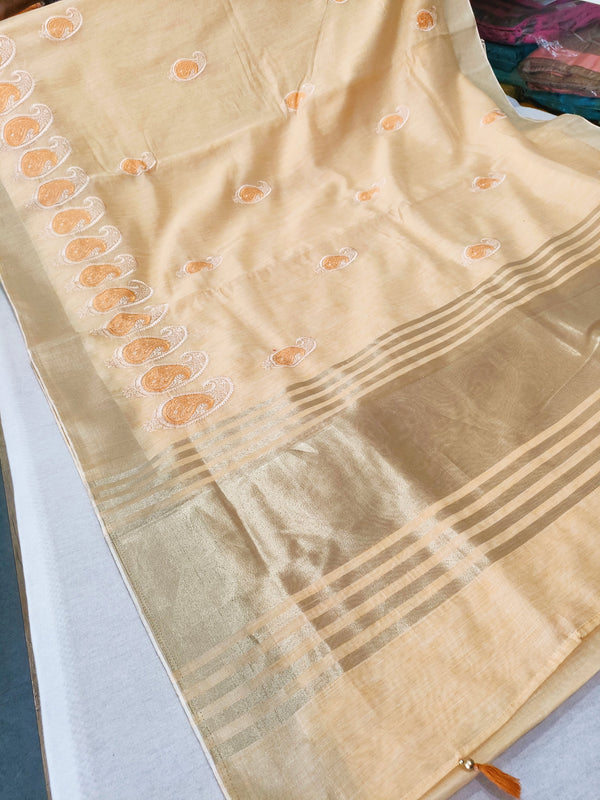 292007 Linen Saree With Embroidery - Yellow