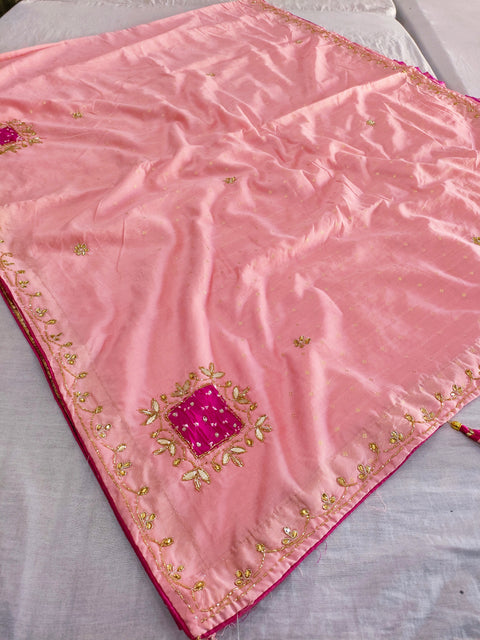 141002 Designer Cutdana Work Saree with Bandhnai Patch work - Pink