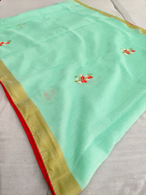 402009 Designer Linen Saree With Gota And Embroidery Work