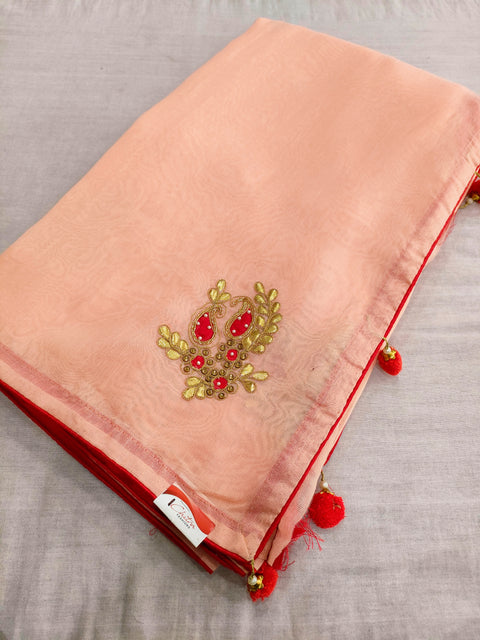402010 Designer Linen Silk Saree With Gota And Embroidery Work