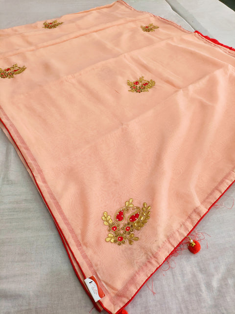 402010 Designer Linen Silk Saree With Gota And Embroidery Work