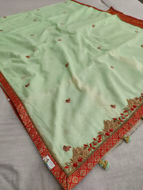 402006 Designer Linen Silk Saree With Cutdana And Zardosi Work