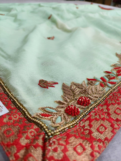 402006 Designer Linen Silk Saree With Cutdana And Zardosi Work