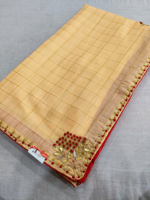 402005 Designer Cotton Linen Saree With Cutdana And Gota Work