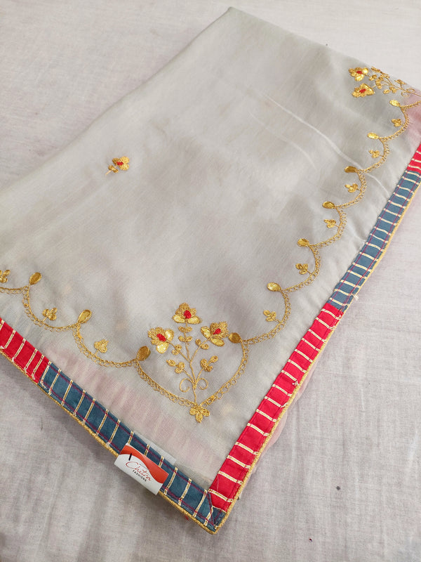 402003 Designer Cotton Silk Saree With Zari And Gota Work