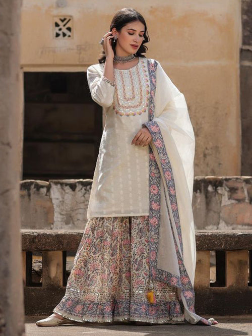 Ivory Shot Kurta with Sharara With Dupatta - 10054