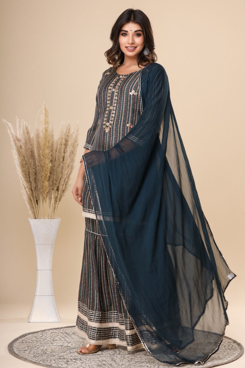 112007 Pure Chanderi Silk Short Kurti Sharara With Dupatta