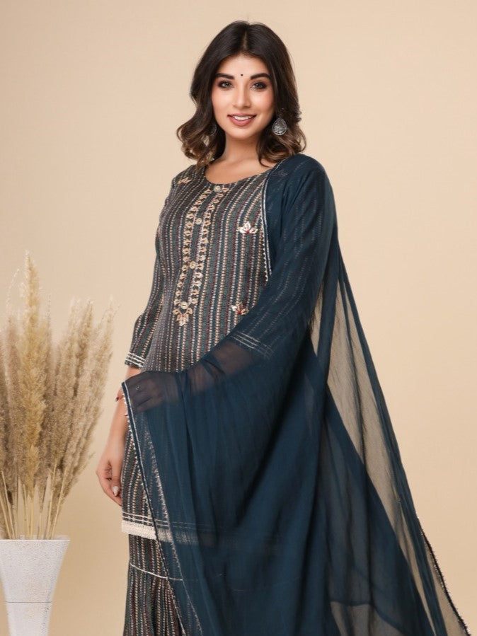 112007 Pure Chanderi Silk Short Kurti Sharara With Dupatta