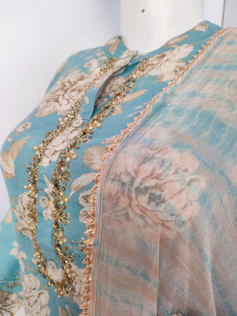 151003 Pure Soft Silk Flower Print Straight Fit Kurta With Pant and Dupatta