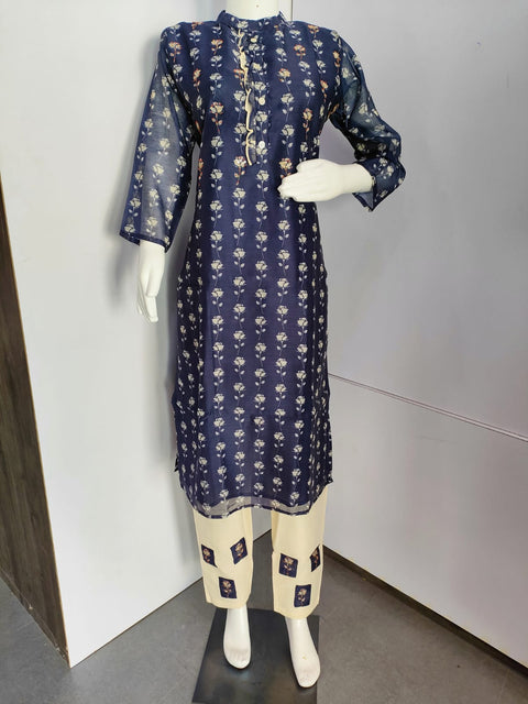 151007 Pure Chanderi Indigo with Flower Print Straight Fit Kurta with Hnad Cutdana Work With Pant
