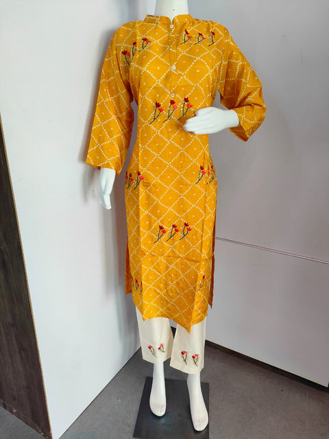 151006 Hand Embroidered Work Bandhani Print Straight Fit Kurta With Pant