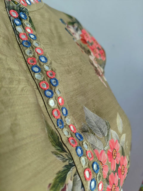 151004 Pure Rani Chanderi Flower Print Straight Fit Kurta With Hand Embroidery Pant