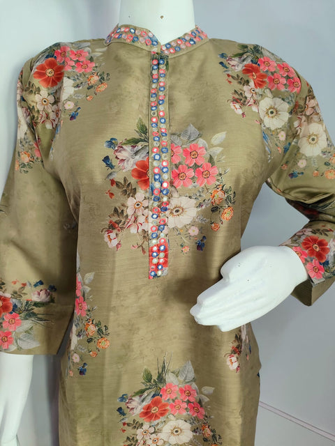 151004 Pure Rani Chanderi Flower Print Straight Fit Kurta With Hand Embroidery Pant