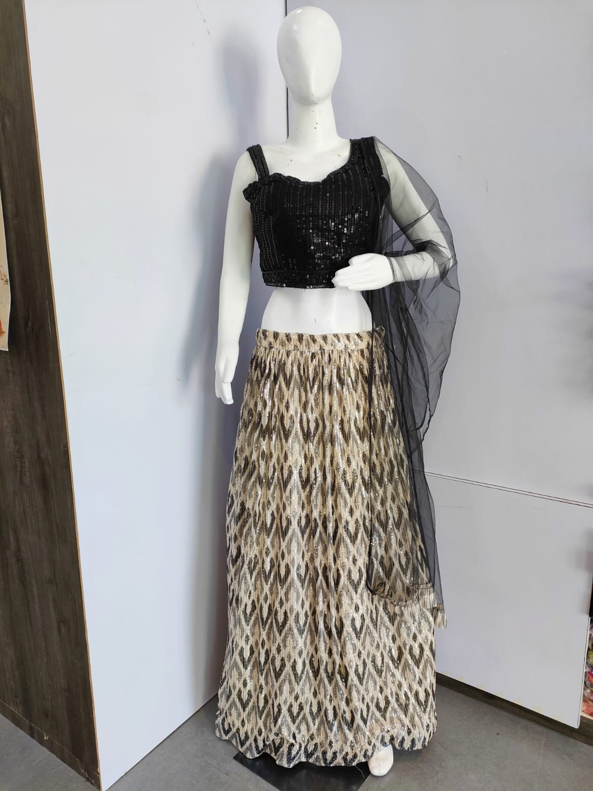 153004 Trendy Heavi Black Crop Top with Sequence Lehenga With Net Dupatta