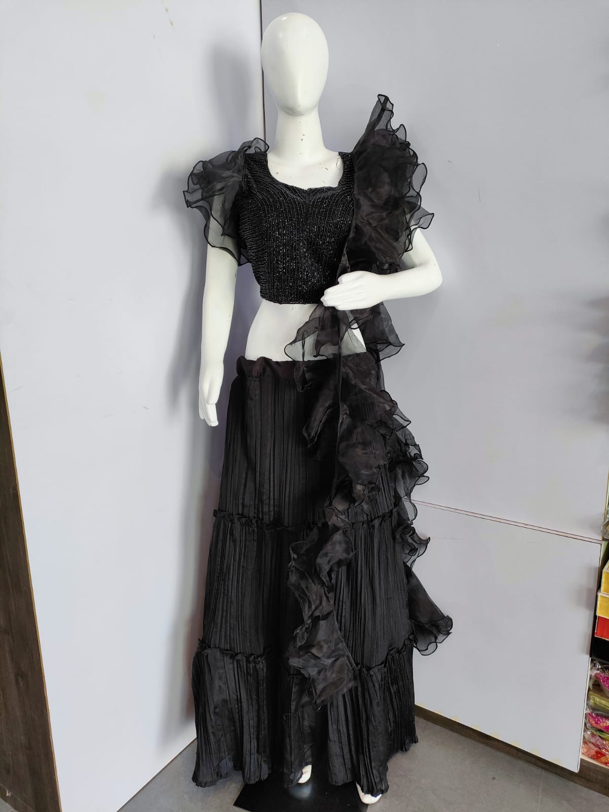 153002 Trendy Heavy Black Crop Top With Lehenga With Net Dupatta